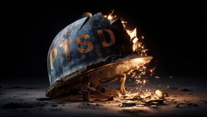 High quality photo of damaged military helmet with ptsd engraved, sparks flying