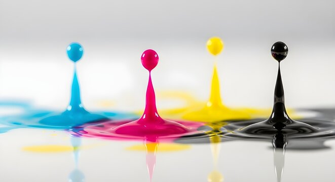 Cmyk ink droplets splashing and dripping in a studio setting