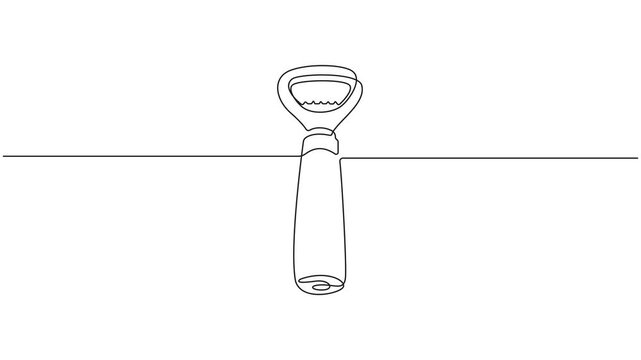 Bottle openers continuous one line drawing, classic bottle opener with wooden handle vector illustration 4k animation video.