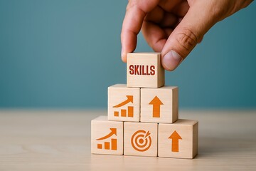 Hand stacking wooden blocks with skill development and growth icons