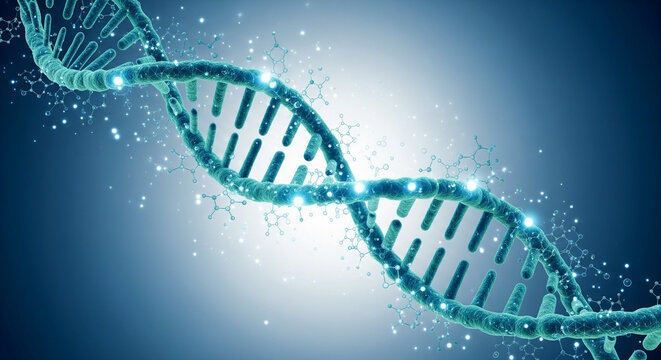 Dynamic 3D rendering of a glowing DNA double helix, symbolizing advanced genetic research, biotechnology, and the intricate molecular structure of life
