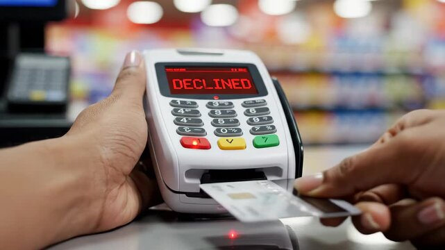 Woman pays with a credit card at a store, the payment terminal shows the word declined, financial transaction fails, footage.