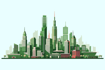 Stylized Cityscape Illustration with Green and Pink Buildings
