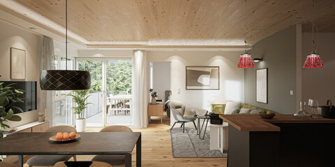 Photorealistic 3D rendering of a bright, modern apartment interior featuring open living, dining and kitchen areas. Scandinavian design style with natural wood, soft tones, elegant furniture and cozy 