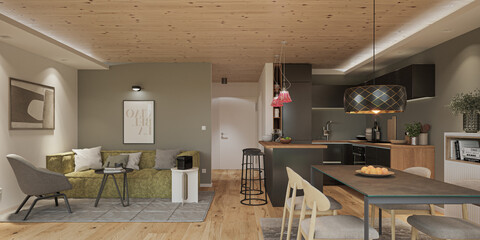 Photorealistic 3D rendering of a bright, modern apartment interior featuring open living, dining and kitchen areas. Scandinavian design style with natural wood, soft tones, elegant furniture and cozy 