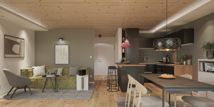 Fototapeta Photorealistic 3D rendering of a bright, modern apartment interior featuring open living, dining and kitchen areas. Scandinavian design style with natural wood, soft tones, elegant furniture and cozy 