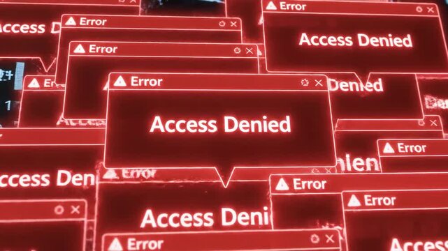 Red access denied error pop up messages on digital interface with binary code. Cybersecurity and data breach concept footage.