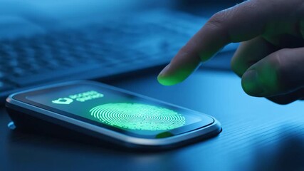 Man scanning fingerprint on smartphone for biometric authentication system. Digital identification access control and security technology. Financial footage. - Powered by Adobe