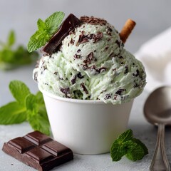 A serving of mint chocolate chip ice cream in a white paper cup.