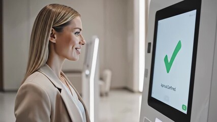 Woman uses face scan for biometric identification, and secure payment approval on self-service terminal, modern technology footage. - Powered by Adobe