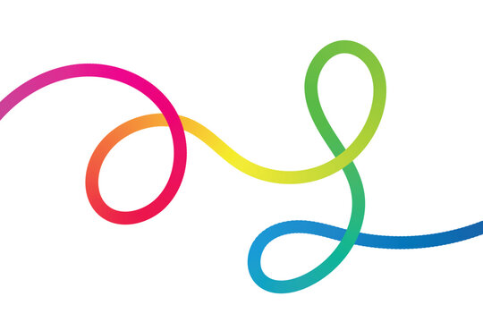 Vibrant rainbow colored flexible tube curving and looping against white background