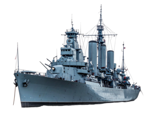 A large grey warship with multiple gun turrets, radar arrays, and tall masts against a transparent background