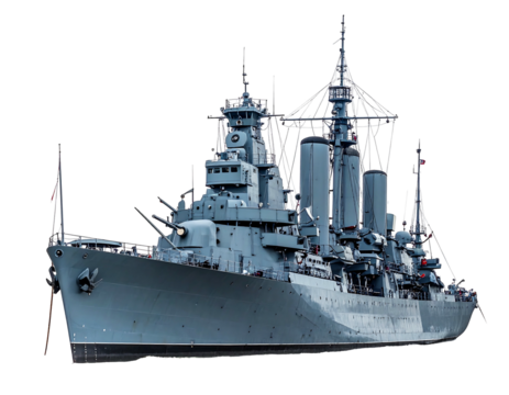 A large grey warship with multiple gun turrets, radar arrays, and tall masts against a transparent background