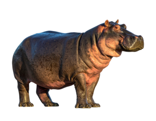 A large hippopotamus stands against a black background, bathed in sunlight, showcasing its thick, wrinkled skin