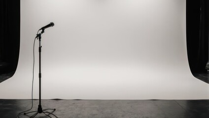 Microphone on stage with white backdrop for performance.