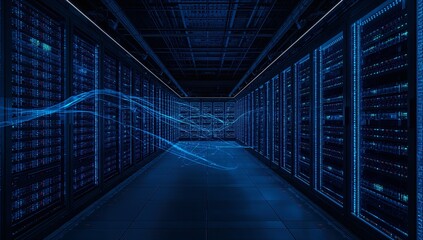Experience the future of data flow with vibrant blue digital streams weaving through a futuristic server room filled with glowing racks, symbolizing innovation and connectivity.