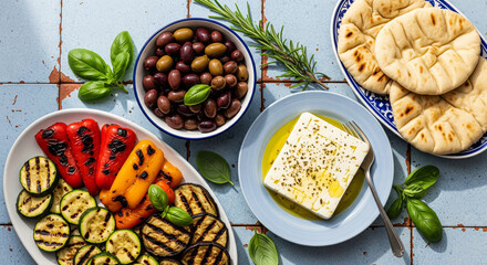 Overhead shot of a Mediterranean meal featuring grilled vegetables, olives, and bread.