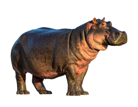 A large hippopotamus stands against a black background, bathed in sunlight, showcasing its thick, wrinkled skin