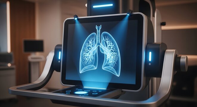 Futuristic medical technology displays a glowing holographic image of human lungs in a modern clinic setting