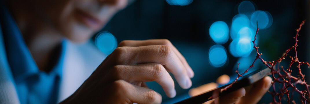 A close-up of a person holding a smartphone, framed with soft blue lights in the background, showcasing the connection between technology and human interaction in modern life.
