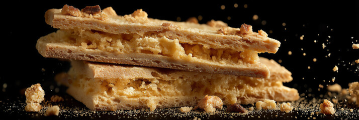 An artistic composition of crunchy caramel wafer cookies stacked high, with crumbs scattering around, emphasizing the rich texture and indulgence of snack time.