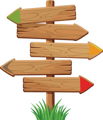 Wooden directional signpost, rustic arrows, navigation board, grass patch design, colorful tips, guidance symbol, travel concept, vector illustration, cartoon style, decision making