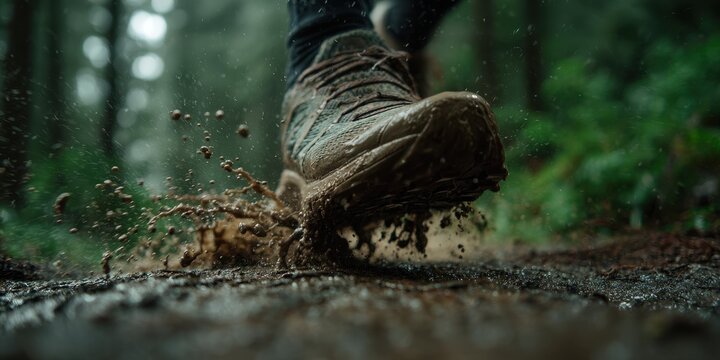 High quality photo of closeup of a muddy hiking boot splashing through a puddle