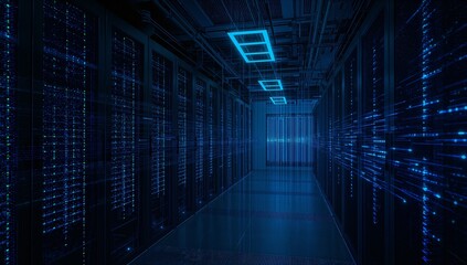 Immersive digital data center hallway with glowing blue server racks and futuristic network streams conveying advanced technology and information flow.