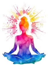 Zen silhouette : The figure of a woman in deep meditation, radiating inner peace and the bright aura of inner harmony, creating the image of meditation.