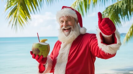 Santa Claus enjoying a tropical beach vacation, holding a coconut drink, surrounded by palm trees, embodying festive cheer and holiday spirit in a warm, sunny atmosphere