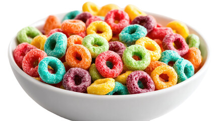 Bowl of colorful fruit loops cereal filled with milk showing sweet crunchy breakfast and vibrant snack mix on white background
