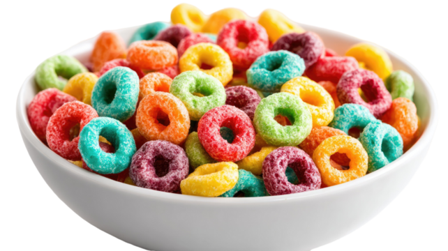 Bowl of colorful fruit loops cereal filled with milk showing sweet crunchy breakfast and vibrant snack mix on white background
