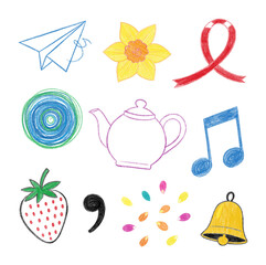 Hand-Drawn Chalk Doodle Style Everyday Objects Set, Transparent Background