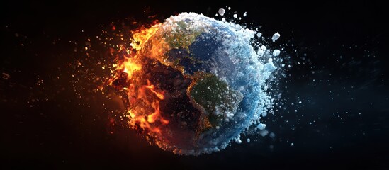 A globe dramatically split, one side aflame, the other iced, set against a dark space