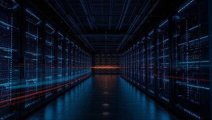 Immersive digital data center corridor with glowing blue server racks and futuristic red light streaks creating dynamic motion and innovation.