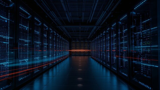 Immersive digital data center corridor with glowing blue server racks and futuristic red light streaks creating dynamic motion and innovation.