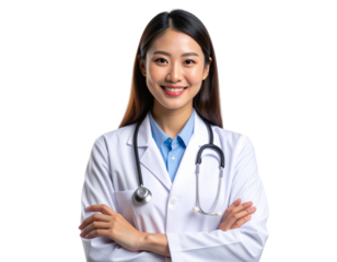 Confident Female Doctor in White Coat Smiling with Stethoscope, Isolated on Transparent Background 