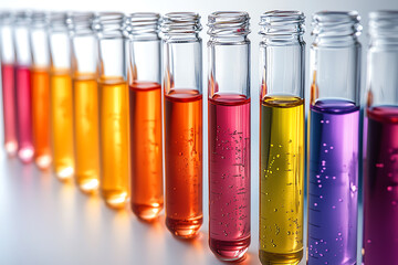 A colorful array of test tubes filled with vibrant liquids, showcasing the beauty of chemical reactions and experimentation.
