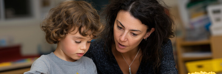 A passionate teacher guides a young child through a creative activity in a classroom, showcasing the bond of learning and the joy of discovery in an educational environment.