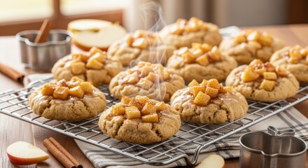 Warm apple cinnamon cookies with diced caramelized apple topping cooling on a wire rack, surrounded by fresh apple slices and cinnamon sticks.
