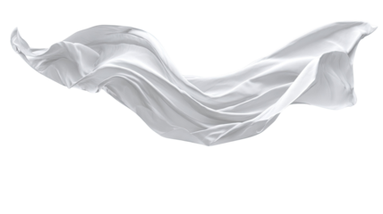 Elegant flying white silk fabric gracefully floating in motion creating soft waves and delicate folds on white background