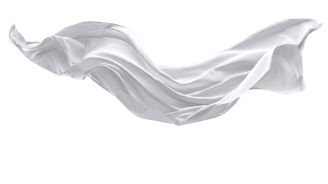 Elegant flying white silk fabric gracefully floating in motion creating soft waves and delicate folds on white background