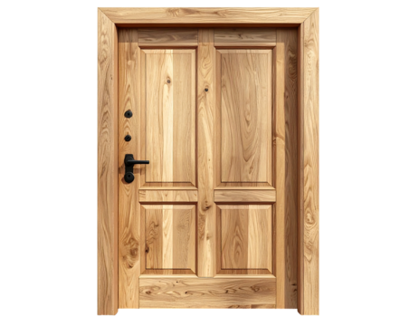 A light brown wooden door with a black handle and a peephole on a plain background