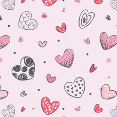 Doodle heart shapes vector repeating pattern. Love concept background. Holiday positive print. Hand drawn texture hearts ornament. Wedding wrapping paper. Lovely baby clothes design.