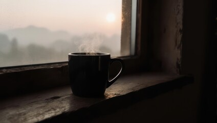 Mug on a windowsill at sunrise with a misty landscape.
