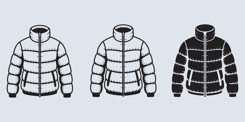 Modern stylized puffer jacket illustrations for cold weather apparel designs