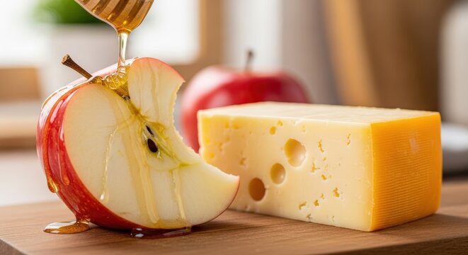 Honey being drizzled over a sliced red apple next to a block of Swiss cheese on a wooden board, with another apple in the background.