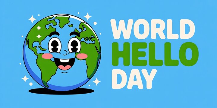 Happy cartoon earth character waving hello on world hello day celebration