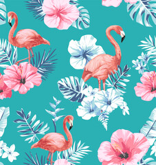 Obraz premium seamless pattern of flamingos and pink hibiscus flowers vector illustration - created by hand drawn