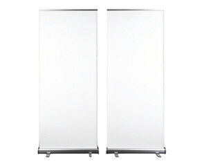 Blank Roll Up Banner Stand for Advertising Display, Front View, Isolated on Black Background” 